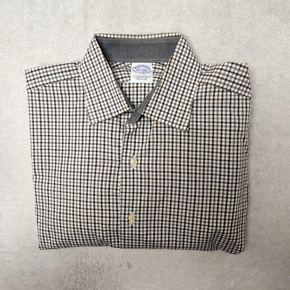Brooks Brothers Shirt Mens 15.5 32/33 Brown Gingham Extra-Slim Point USA HOLE‎